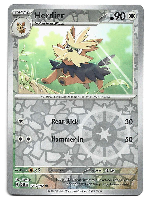 HERDIER - REVERSE HOLO  171/197  POKEMON TCG OBSIDIAN FLAMES TRADING CARD