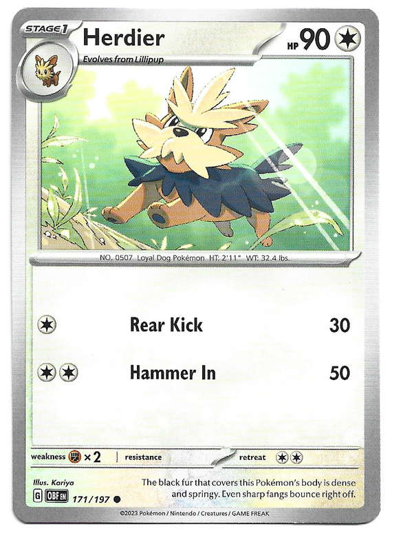 HERDIER -   POKEMON TCG OBSIDIAN FLAMES COMMON  171/197 TRADING CARD