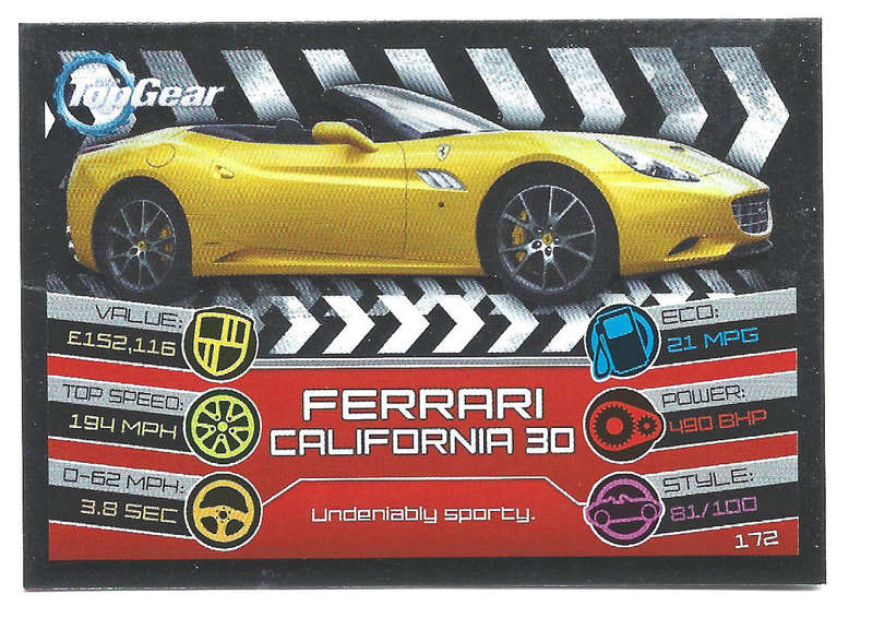 FERRARI CALIFORNIA 30 - TOPPS BBC TOP GEAR `TURBO ATTAX 2014/15 - RARE FOIL TRADING CARD 172
