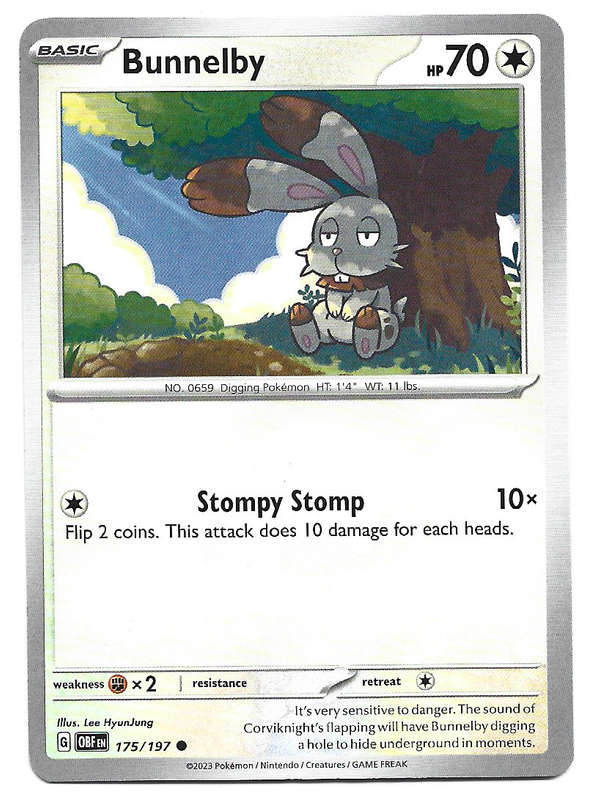 BUNNELBY -  COMMON  175/197  POKEMON TCG OBSIDIAN FLAMES TRADING CARD