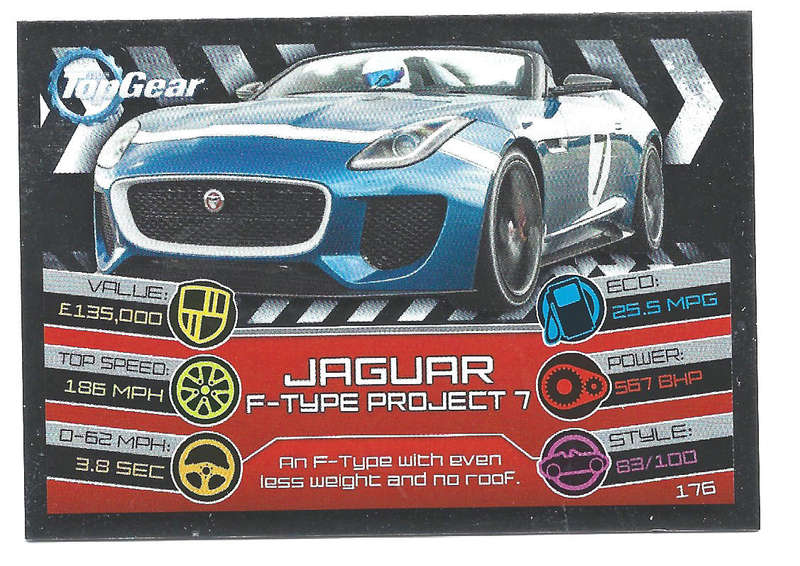 JAGUAR F TYPE 7 - TOPPS BBC TOP GEAR `TURBO ATTAX 2014/15 - RARE FOIL TRADING CARD 176
