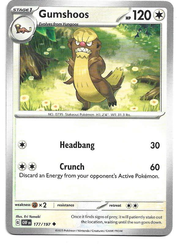 GUMSHOOS -  COMMON  177/197  POKEMON TCG OBSIDIAN FLAMES TRADING CARD
