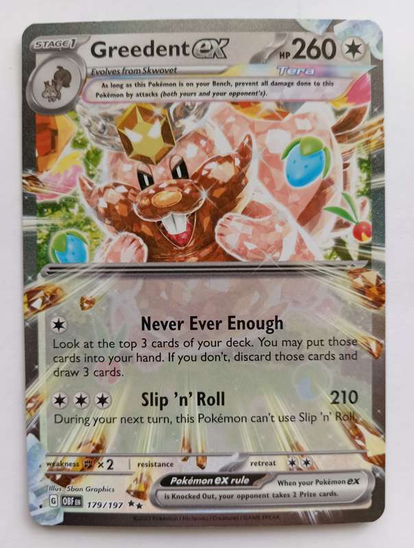 POKEMON CARD - GREEDENT EX    179/197 HOLO RARE OBSIDIAN FLAMES 2023 - MINT