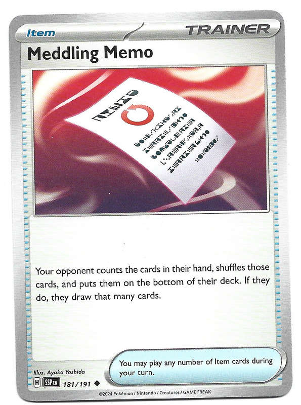 MEDDLING MEMO  - COMMON  181/191 POKEMON TCG SURGING SPARKS TRADING CARD