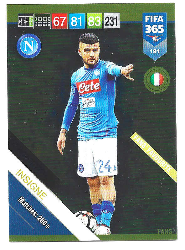 LORENZO INSIGNE - PANINI FIFA 365 2019 COLLECTION - FOIL `FANS FAVOURITE` TRADING CARD 191