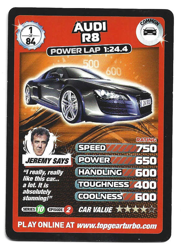 AUDI R8 - `BBC` TOP GEAR TURBO CHALLENGE PROTOTYPE SET - COMMON TRADING CARD 1/84