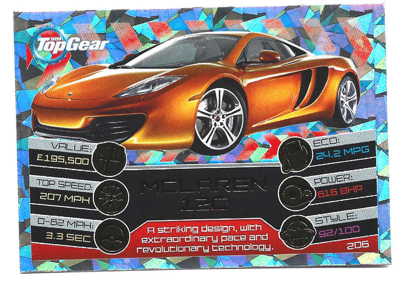 MCLAREN 12C - TOPPS BBC TOP GEAR `TURBO ATTAX 2014/15 -S/RARE FOIL TRADING CARD 206