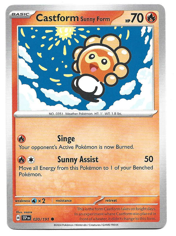 CASTFORM SUNNY FORM  - POKEMON TCG SURGING SPARKS  COMMON  20/191 TRADING CARD