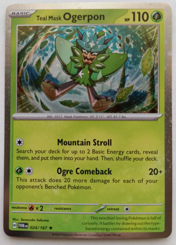 TEAL MASK OGERPON - POKEMON NINTENDO SURGING SPARKS - HOLO RARE TRADING CARD 24/167 - MINT