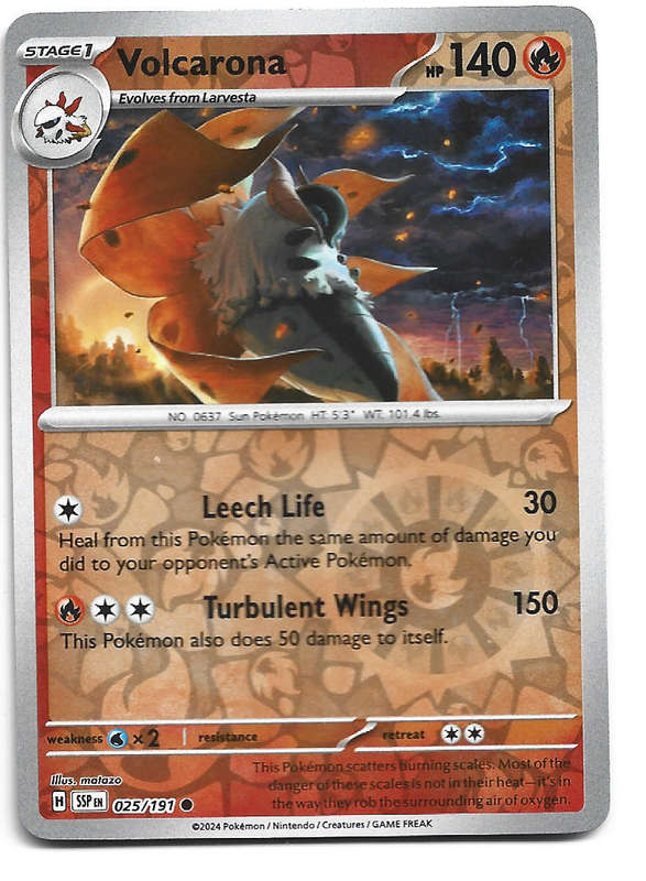 VOLCARONA -  REVERSE HOLO 25/191 POKEMON TCG SURGING SPARKS TRADING CARD