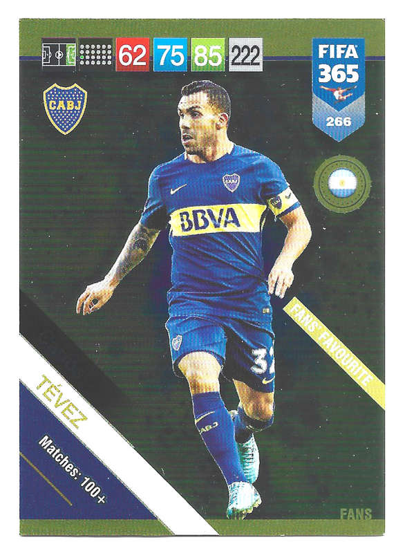 CARLOS TEVEZ - PANINI FIFA 365 2019 COLLECTION - FOIL `FANS FAVOURITE` TRADING CARD 266
