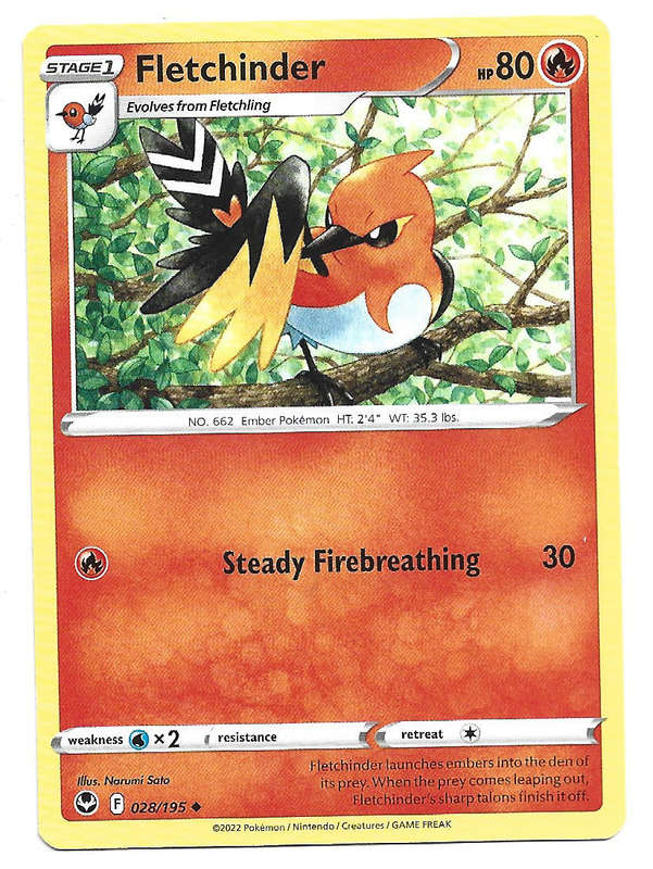 FLETCHINDER - COMMON  28/195 POKEMON TCG SILVER TEMPEST TRADING CARD