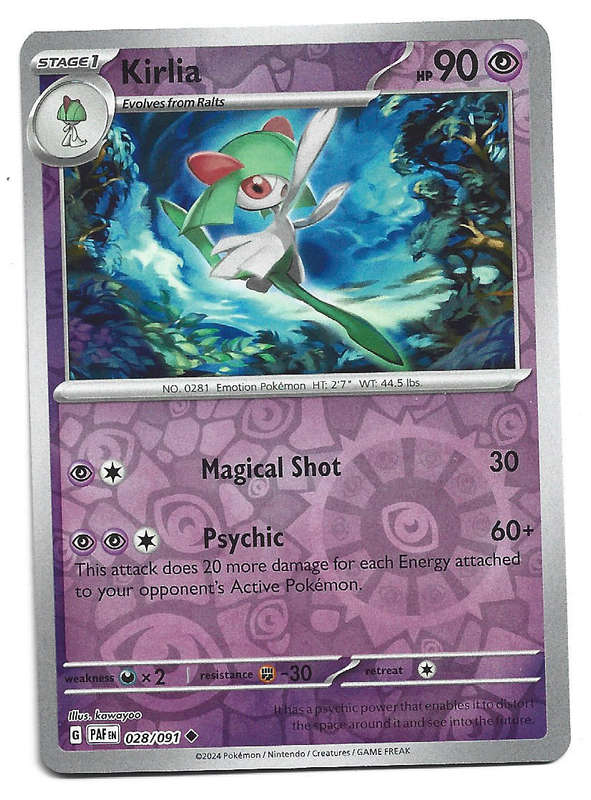 KIRLIA -  REVERSE HOLO  28/91 POKEMON TCG PALDEAN FATES  TRADING CARD