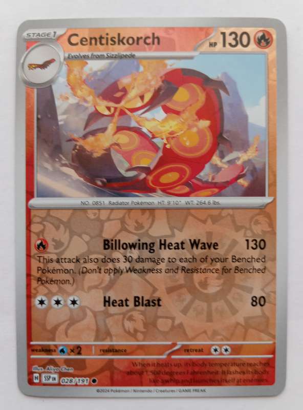 CENTISKORCH  - POKEMON NINTENDO SURGING SPARKS - REVERSE HOLO RARE TRADING CARD 28/191