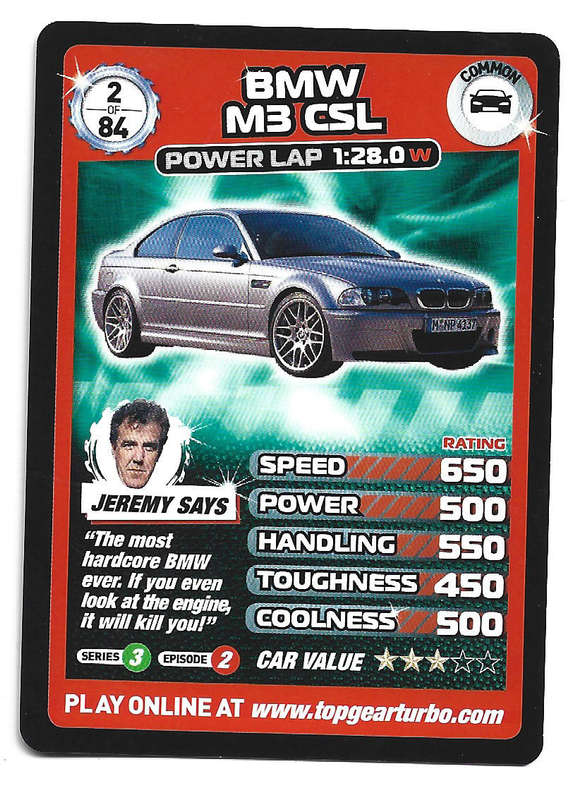 BMW M3 CSL - `BBC` TOP GEAR TURBO CHALLENGE PROTOTYPE SET - COMMON TRADING CARD 2/84