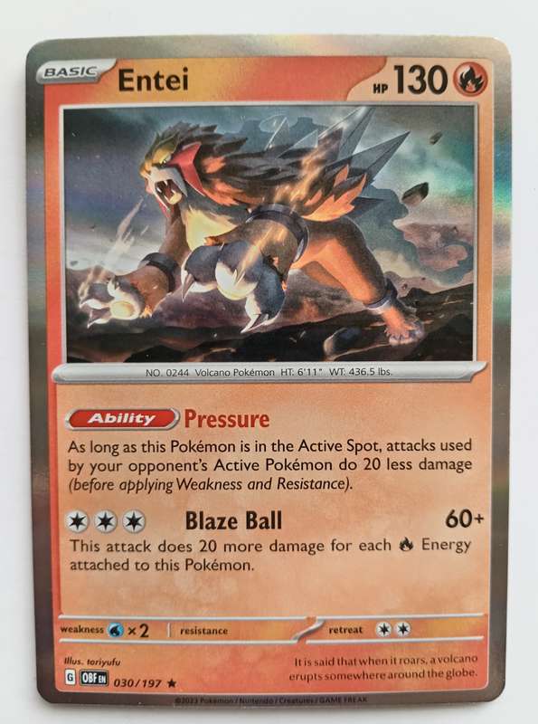 POKEMON CARD - ENTEI   30/197 HOLO RARE OBSIDIAN FLAMES 2023 - MINT