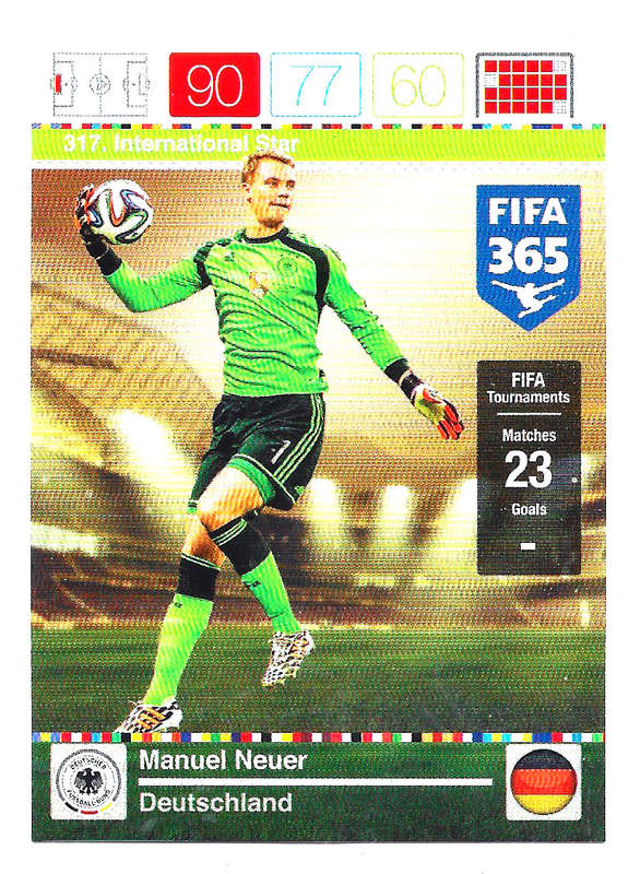 MANUEL NEUER - PANINI "FIFA 365" 2016 COLLECTION - `INTERNATIONAL STAR` TRADING CARD 317