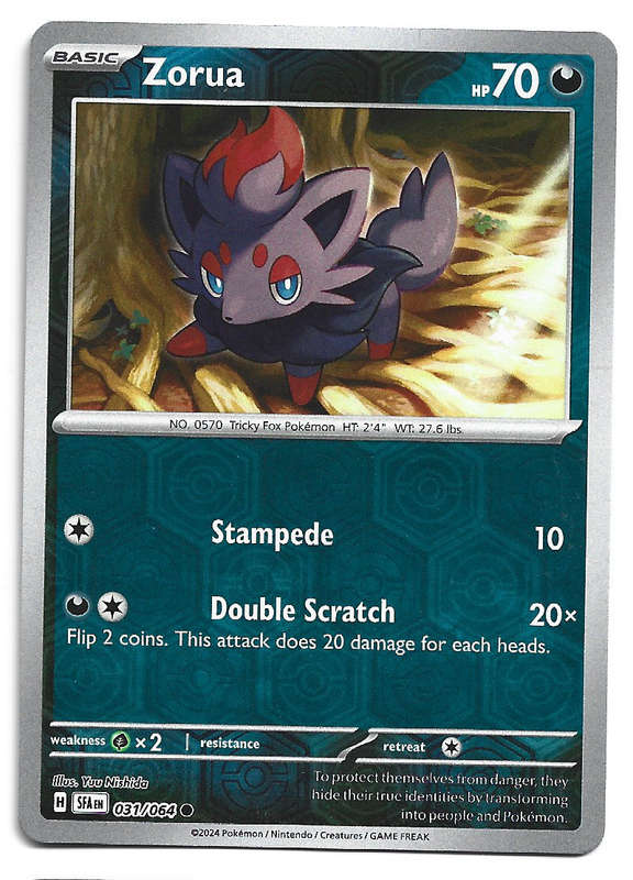 POKEMON CARD - ZORUA  031/64 Reverse Holo Rare Shrouded Fable Trading Card - Mint