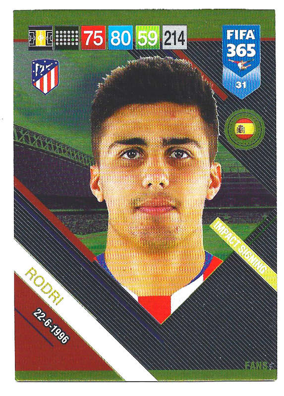 RODRI - PANINI FIFA 365 2019 COLLECTION - FOIL `FANS FAVOURITE` TRADING CARD 31