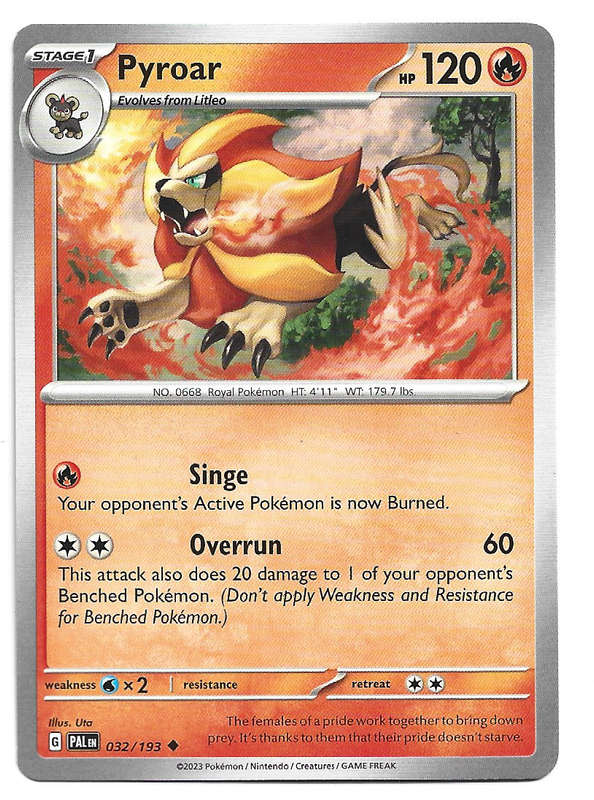POKEMON CARD - PYROAR  32/193 COMMON PALDEA EVOLVED 2023 TRADING CARD - MINT