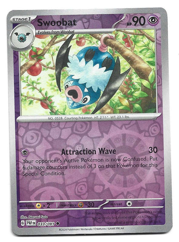 SWOOBAT -  REVERSE HOLO  33/91 POKEMON TCG PALDEAN FATES  TRADING CARD
