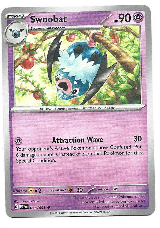 SWOOBAT -  COMMON 33/91 POKEMON TCG PALDEAN FATES  TRADING CARD