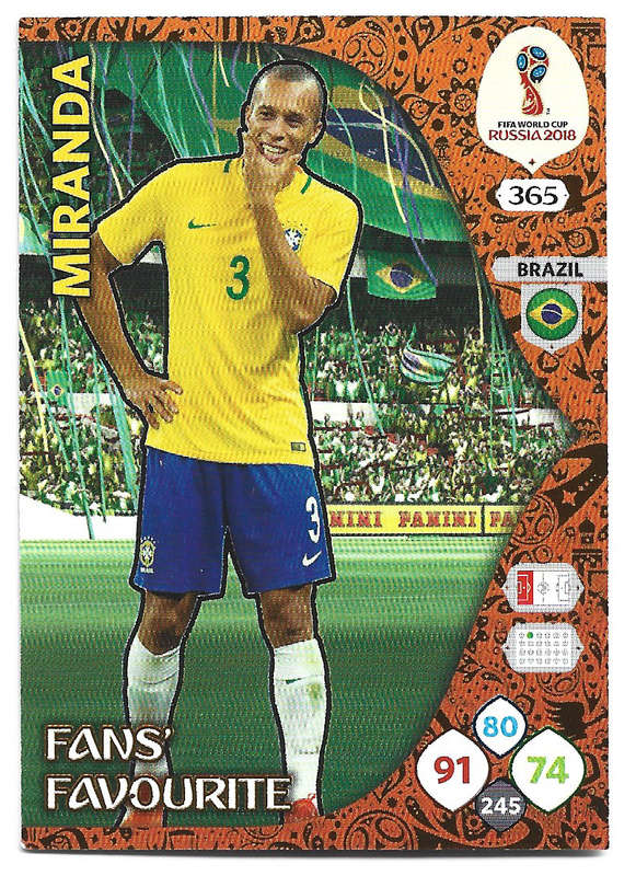 MIRANDA - PANINI FIFA WORLD CUP 2018 RUSSIA - FOIL `FANS FAVOURITE` TRADING CARD 365