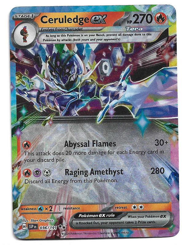 CERULEDGE EX  - HOLO D/RARE  36/191 POKEMON TCG SURGING SPARKS TRADING CARD