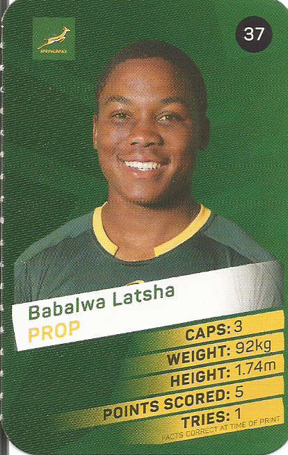 BABALWA LATSHA  -  2019 Pick n Pay Rugby World Cup  COLLECTION CARD 37