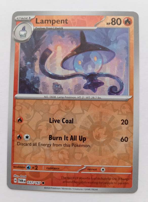 LAMPENT - POKEMON NINTENDO TWILIGHT MASQUERADE 2024 - REVERSE HOLO TRADING CARD 37/167
