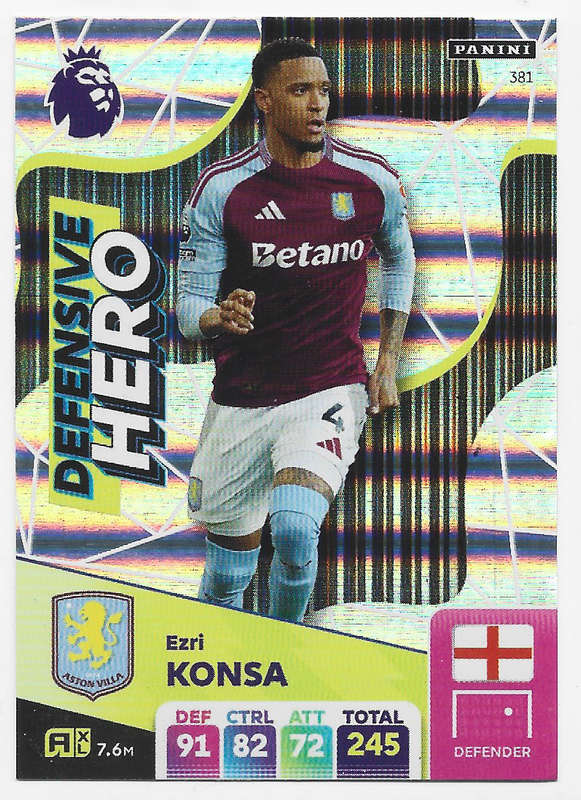 EZRI KONSA -  PANINI English Premier League 2024/25 - FOIL "DEFENSIVE HERO" TRADING CARD 381