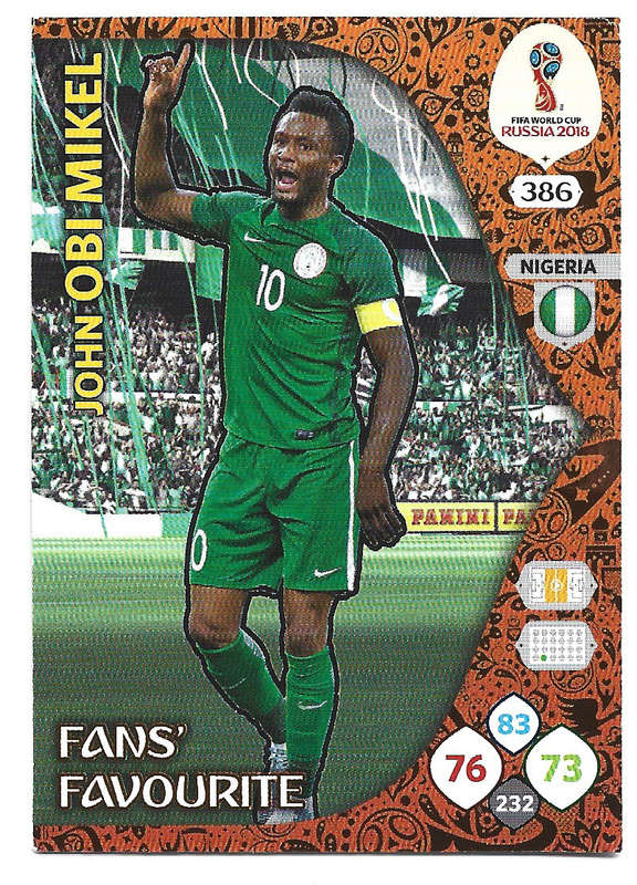 JOHN OBI MIKEL - PANINI FIFA WORLD CUP 2018 RUSSIA - FOIL `FANS FAVOURITE` TRADING CARD 386