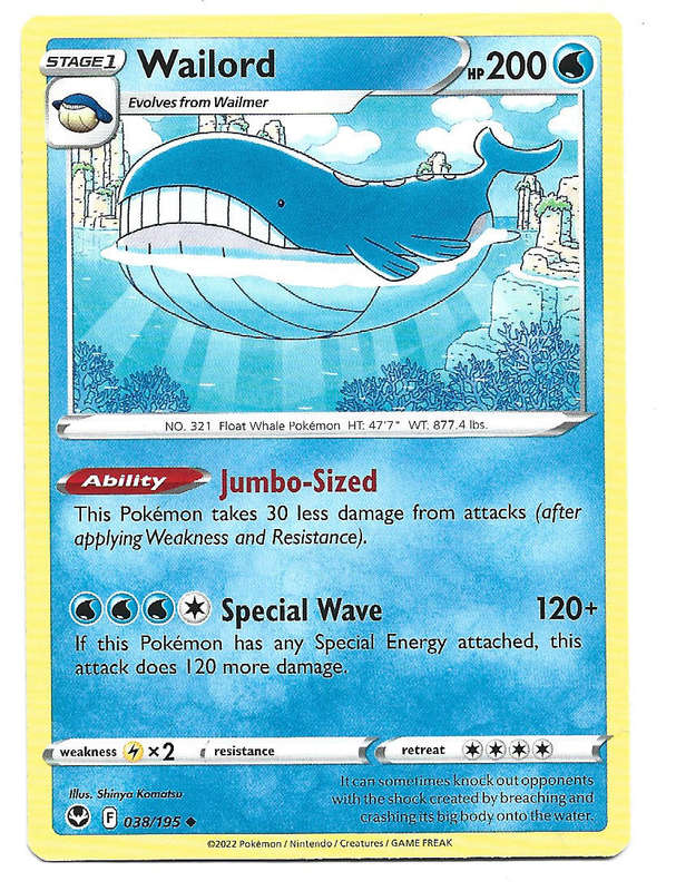 WAILORD - COMMON  38/195  POKEMON TCG SILVER TEMPEST TRADING CARD