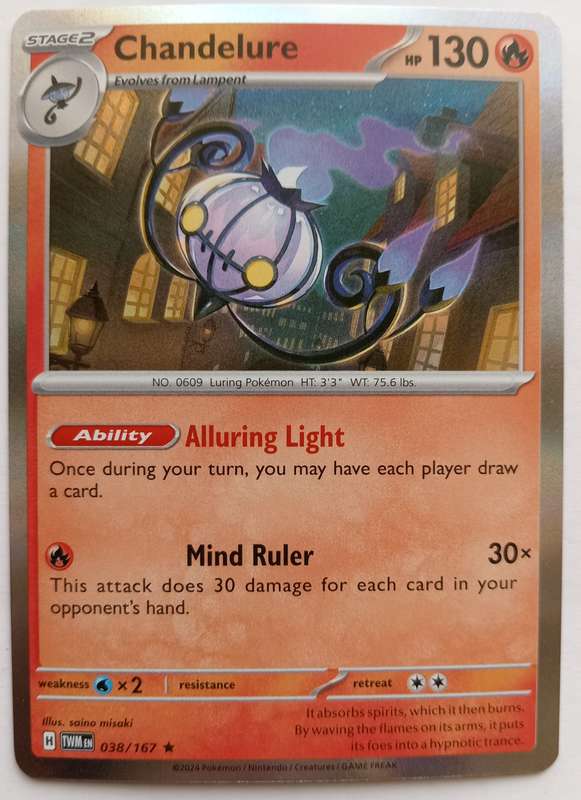 CHANDELURE - POKEMON NINTENDO TWILIGHT MASQUERADE 2024 - HOLO RARE TRADING CARD 38/167
