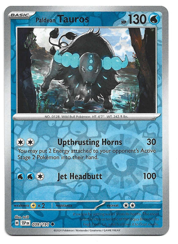 PALDEAN TAUROS  - REVERSE HOLO POKEMON TCG SURGING SPARKS  39/191 TRADING CARD
