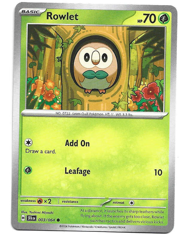 POKEMON CARD - ROWLET  3/64 Common Shrouded Fable Trading Card - Mint