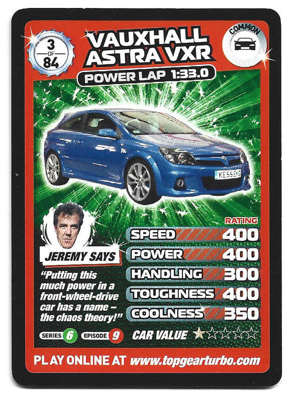 VAUXHALL ASTRA VXR - `BBC` TOP GEAR TURBO CHALLENGE PROTOTYPE SET - COMMON TRADING CARD 3/84