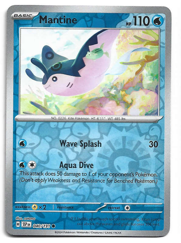 MANTINE -  REVERSE HOLO  40/191 POKEMON TCG SURGING SPARKS TRADING CARD