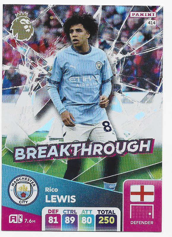 RICO LEWIS -  PANINI English Premier League 2024/25 - FOIL "BREAKTHROUGH" TRADING CARD 414