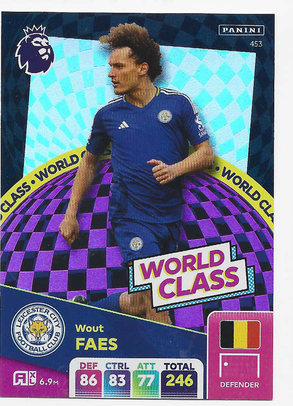 WOUT FAES -  PANINI English Premier League 2024/25 - FOIL "WORLD CLASS" TRADING CARD 453