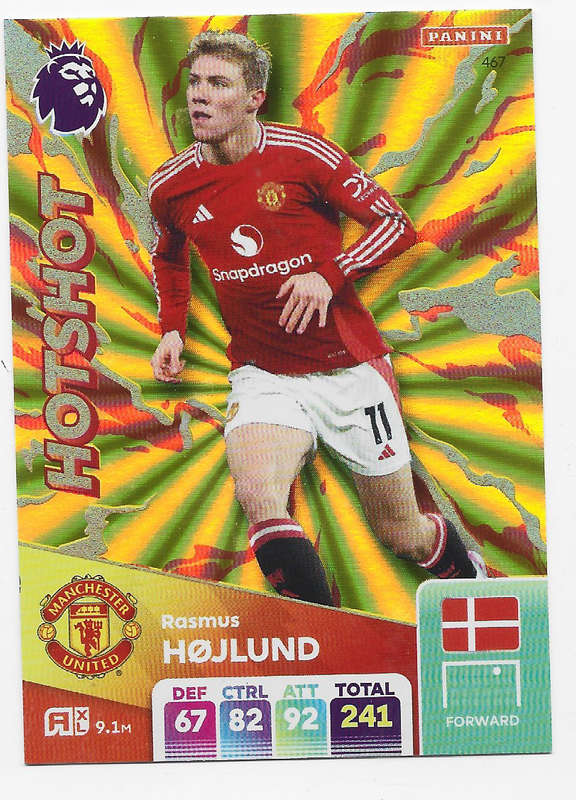 RASMUS HOJLUND -  PANINI English Premier League 2024/25 - FOIL "HIOTSHOT" TRADING CARD 467