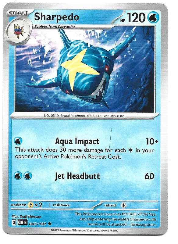 SHARPEDO -   47/197 COMMON POKEMON TCG OBSIDIAN FLAMES TRADING CARD