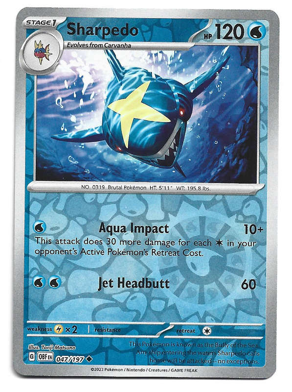 SHARPEDO - REVERSE HOLO  47/197 POKEMON TCG OBSIDIAN FLAMES TRADING CARD