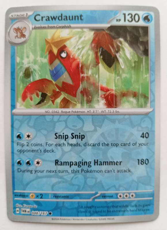 CRAWDAUNT - POKEMON NINTENDO TWILIGHT MASQUERADE 2024 - REVERSE HOLO TRADING CARD 48/167