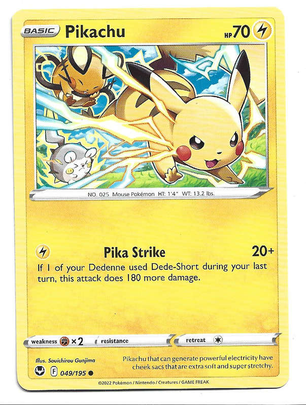 PIKACHU - COMMON  49/195  POKEMON TCG SILVER TEMPEST TRADING CARD