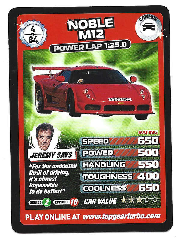 NOBLE M12 - `BBC` TOP GEAR TURBO CHALLENGE PROTOTYPE SET - COMMON TRADING CARD 4/84