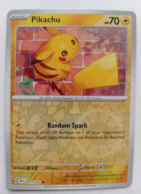 PIKACHU - POKEMON NINTENDO TEMPORAL FORCES 2024 - REVERSE HOLO  TRADING CARD 51/162 - MINT