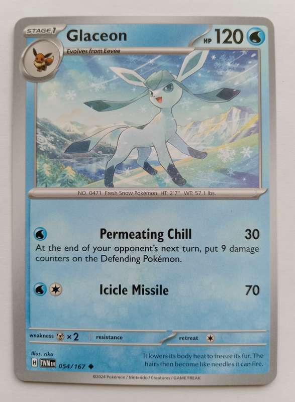 GLACEON - POKEMON NINTENDO TWILIGHT MASQUERADE  - UNCOMMON TRADING CARD 54/167
