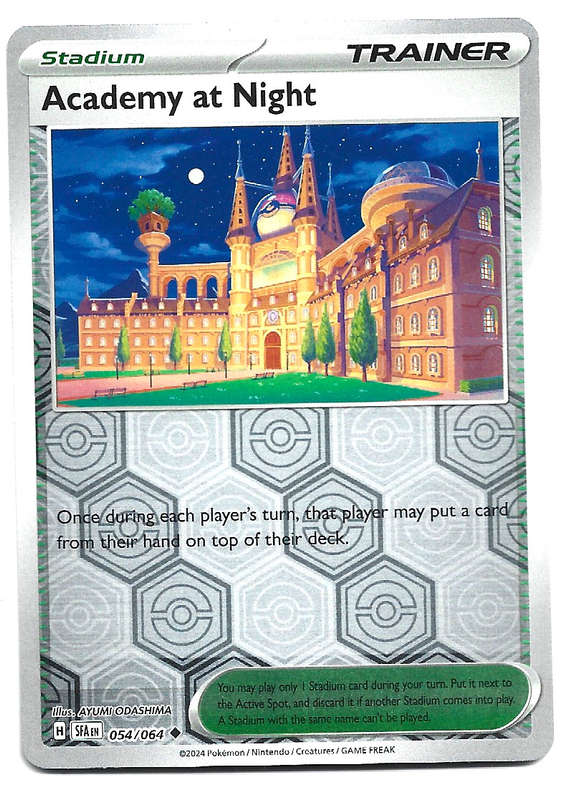 ACADEMY at NIGHT -   REVERSE HOLO  54/64 POKEMON TCG SHROUDED FABLE TRADING CARD