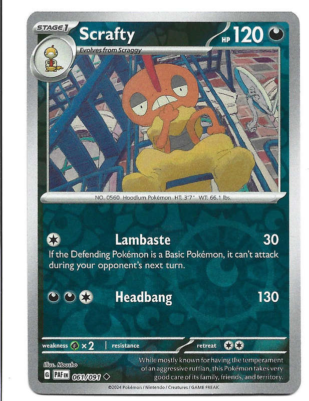 SCRAFTY -  REVERSE HOLO  61/91 POKEMON TCG PALDEAN FATES  TRADING CARD